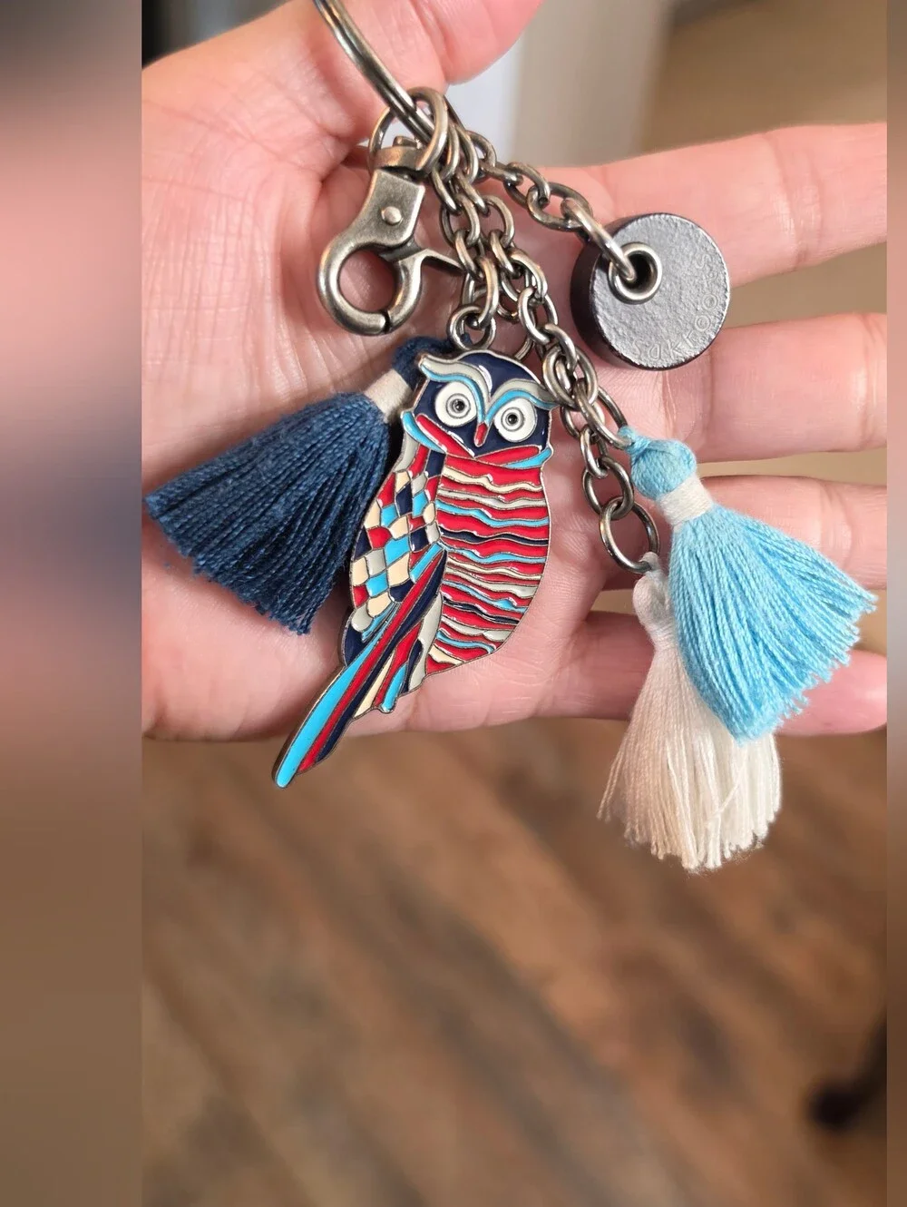 Sakroots Multicolor Enamel Owl Keychain with Blue & White Tassels